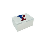 college box with P in double letter on clear acrylic lid.