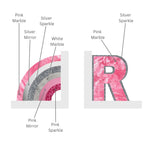diagram of our rainbow and initial bookend set with labels showing color placement for easy ordering