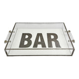 acrylic tray with the word BAR in silver marble and white background.