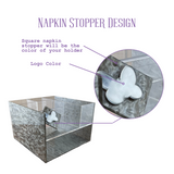 a diagram of the caddy showing the napkin stopper can be personalized with a logo or initial