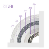 diagram of our rainbow and initial bookend set with labels showing color placement for easy ordering, silver