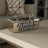 brown marble remote control box with bold black and silver “ALWAYS IN CONTROL” text, chic coffee table accessory for modern home décor