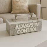 Silver marble acrylic remote control storage box with white, clear mirror “ALWAYS IN CONTROL” letters and clear lid, elegant organizer for contemporary living rooms