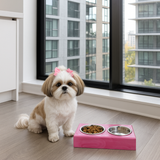 dog sitting next to an acrylic pink marble pet bowl sitting on a wooden floor.
