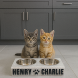 Two kittens sitting behind an acrylic white marble personalized pet bowl holder with 'HENRY CHARLIE'.