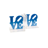 Personalized acrylic bookends that spell LOVE in light blue marble, modern décor accent for book lovers