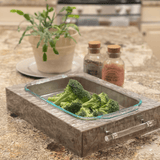 ACRYLIC PYREX in silver marble with broccoli on a kitchen counter