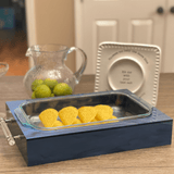 ACRYLIC PYREX in dark blue marble featuring tacos on a kitchen table