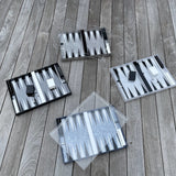 backgammon sets in blue ribbon, black, silver, white marble acrylic, clear acrylic lid