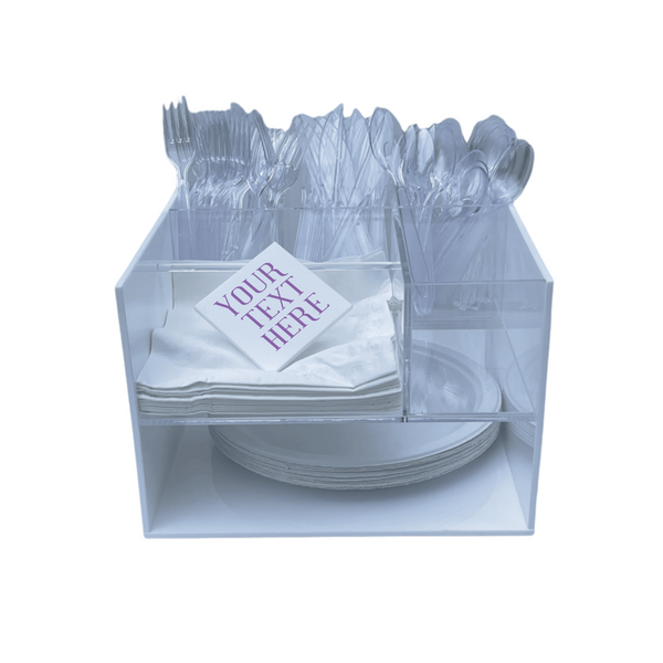 acrylic caddy showing the napkin stopper can be personalized with a logo or initial    
