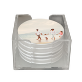 personalized round coaster, set of 6, with a family photo showing you can add your own iimage, design or logo
