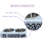 diagram of personalized pet bowls with double lettering with labels showing color placement for easy ordering