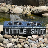 Black Marble Pet bowl personalized in white acrylic lettering, LITTLE SHIT