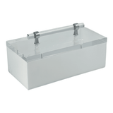 solid white storage box with white acrylic handle and silver detail.