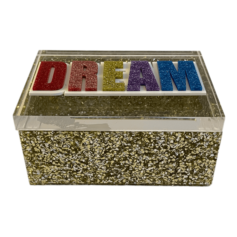 DREAM gold, silver flake acrylic box and colorful acrylic lettering