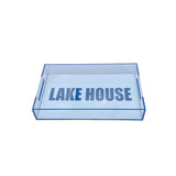 clear and white tray that says  LAKE HOUSE  in dark blue sparkle