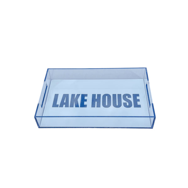 clear and white tray that says  LAKE HOUSE  in dark blue sparkle 