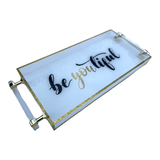 beyoutiful luxe tray with clear and gold detail handles and gold sparkle backing that illuminates around the rim of the tray