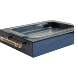 acrylic holder with glass pyrex and handles with silver detail.