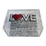 LOVE clear acrylic decor box with double layer letters in silver sparkle and red heart deco as 0, silver sparkle bottom