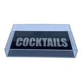 black and clear acrylic serving tray with COCKTAILS in silver sparkle