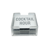 acrylic coaster 4 piece set in white with the words COCKTAIL HOUR written in silver sparkle.