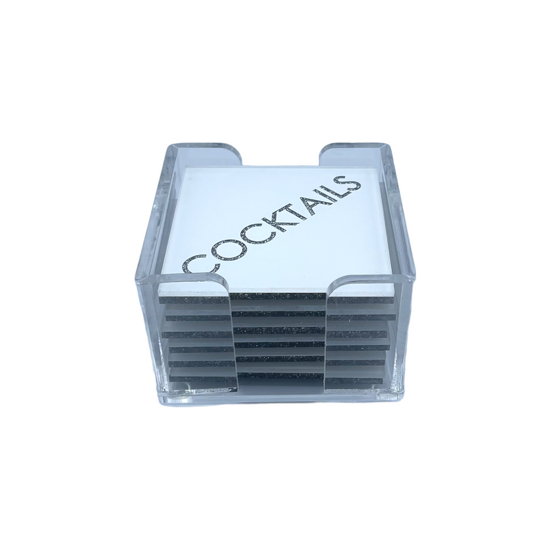 image of cocktails coasters,  set of 6  in acrylic clear holder.