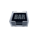 acrylic coaster set in black with the words USE A F*CKING COASTER written in silver sparkle.