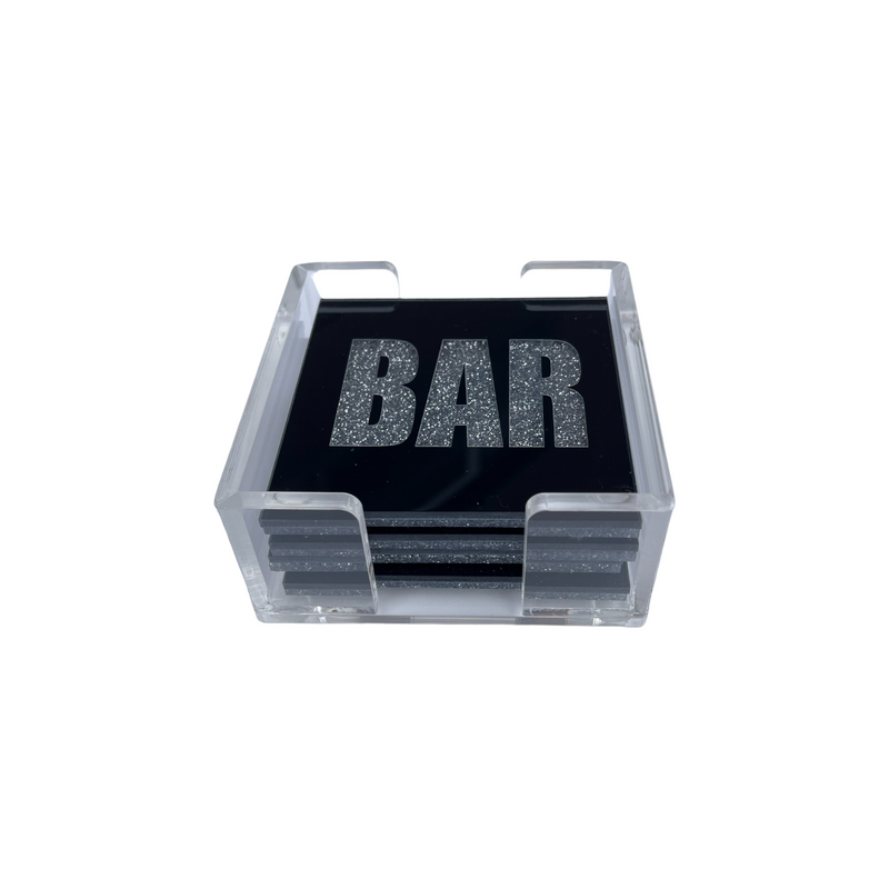 black & silver sparkle coasters, BAR & back is silver sparkle in clear holder.