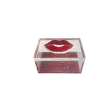 Custom 5x7 acrylic box with clear sides and a red sparkle bottom. The lid features red sparkle lips with a white double layer, adding a glamorous and unique touch.