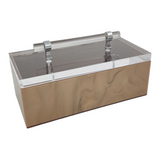 brown marble box with handle and silver detail.