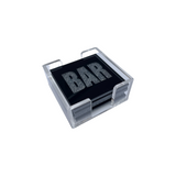 acrylic coaster set and holder in black with the words USE A F*CKING COASTER written in silver sparkle.