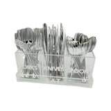 clear utensil holder with forks, knives and spoons displayed in the caddy
