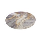 lazy susan on a rotating swivel in grey white and gold tones.