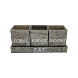 silver marble utensil caddy on tray that says EAT with 3 cups saying FORKS, KNIVES and SPOONS , white etched lettering