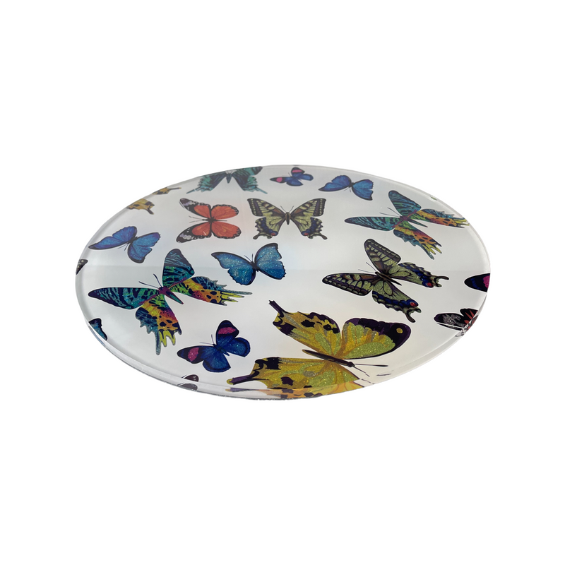 lazy susan featuring a multi color butterfly print and rotates for easy access.