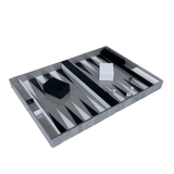 Backgammon set in silver marble and white and black detail, chips, cups and dice