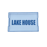 clear and white tray that says  LAKE HOUSE  in dark blue sparkle