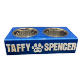 blue Marble Pet bowl personalized in white acrylic lettering, TAFFY, paw print with bone, SPENCER