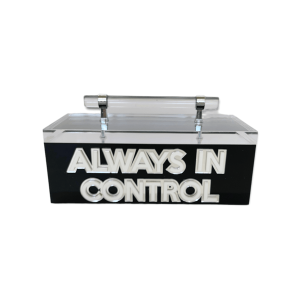 black acrylic box with clear handle, silver detail that says Always in Control on the front of it in double lettering white & silver mirror overlay - A Gifted Story