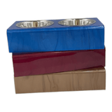 Assorted colors of mid-size acrylic pet bowls, can be personalized with pet's name using single letter acrylic