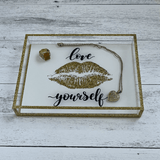 7x9 love yourself vanity tray with jewelry on it showing how to use it - A Gifted Story