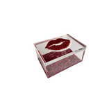 Side view of custom 5x7 acrylic box with clear acrylic sides, red sparkle bottom, and red sparkle lips on the lid with clear mirror overlay. Ideal for stylish storage, adding a glamorous touch.
