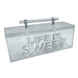 close up image of life is sweet box, clear acrylic handle with silver detail