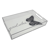 good vibes in script with a mauve and black butterfly