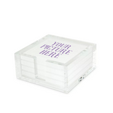 personalized coaster set of 4 square coasters in clear holder that says your picture here showing you that you can add an image, design or logo