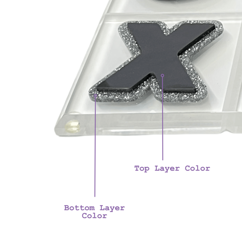 diagram of tic tac toe, double layer pieces  with labels showing color placement for easy ordering