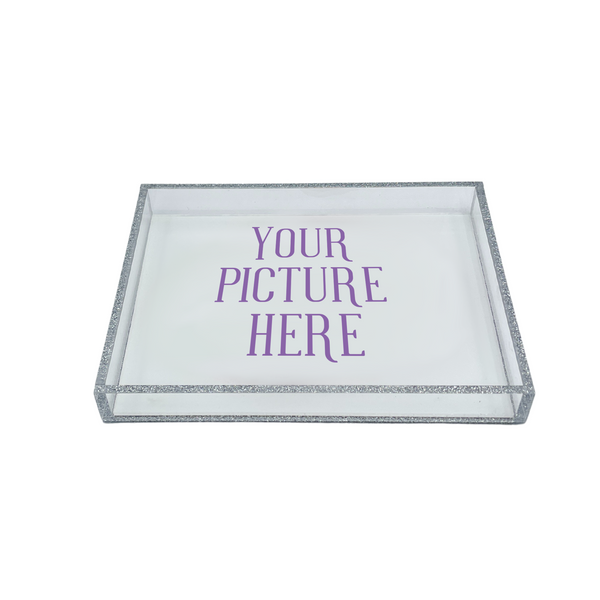 personalized vanity tray that says your picture here showing you that you can add an image, design or logo