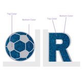 diagram of a double layer soccer ball and initial showing how to select the colors of your sports bookend set.