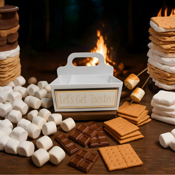 Let's Get Toasted acrylic caddy for smore's by fireplace.